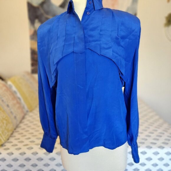 Francesca of Damon Starington Silk Blouse — Royal Blue, Pleated Front, Sz 6 - Picture 9 of 16